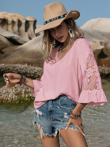 Pink V-Neck Lace Flounce Sleeve Blouse