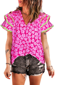 Pink Floral Contrast Ric Rac Layered Ruffle Sleeve Blouse | Tops/Blouses & Shirts