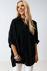 Black 3/4 Puff Sleeve Oversize Shirt | Tops/Blouses & Shirts