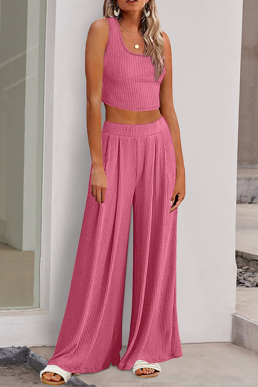 Pink Textured Sleeveless Crop Top and Wide Leg Pants Outfit | Two Piece Sets/Pant Sets