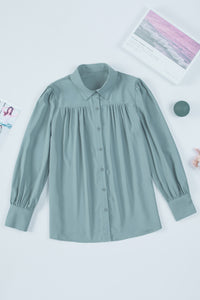 Sky Blue Solid Color Button Up Puff Sleeve Blouse | Tops/Blouses & Shirts