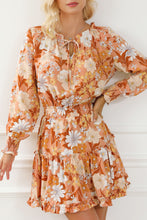 Load image into Gallery viewer, Camel Lace up Split Neck Tunic Floral Dress | Dresses/Floral Dresses
