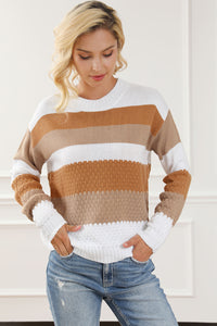 Chestnut Striped Cable Knit Drop Shoulder Sweater | Tops/Sweaters & Cardigans