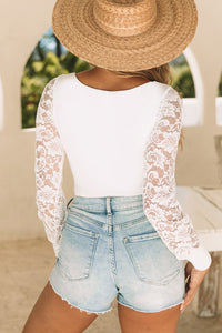 White Lace Sleeves Square Neck Bodysuit | Tops/Bodysuits