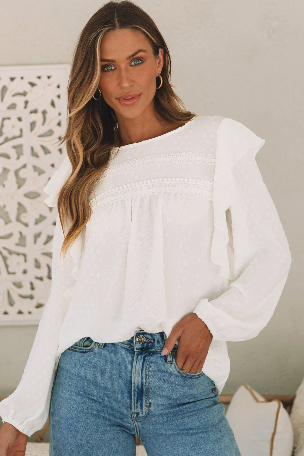 White Lace Eyelet Ruffle Shoulder Long Sleeve Blouse | Tops/Blouses & Shirts