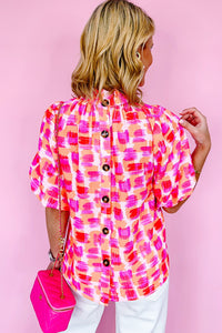 Pink Abstract Print Button Back Ruffed High Neck Blouse | Tops/Blouses & Shirts