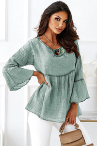 Green Crinkle Lace Up Round Neck Bell Sleeve Blouse | Tops/Blouses & Shirts