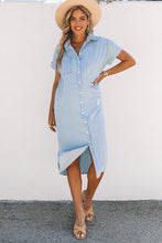 Load image into Gallery viewer, Sky Blue Chambray Shirt Short Sleeves Midi Dress
