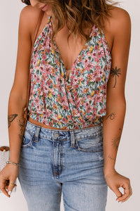 Multicolor Wrapped V Neck Floral Tank Crop Top | Tops/Crop Tops