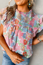 Load image into Gallery viewer, Pink Floral Ruffled Flutter Sleeve Pleated Blouse | Tops/Blouses &amp; Shirts
