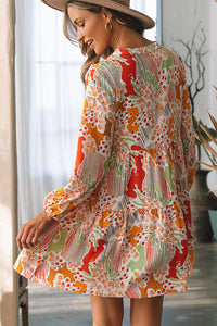 Multicolour Split Neck Puff Sleeve Flowy Printed Dress | Dresses/Mini Dresses