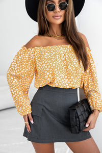 Lantern Sleeve Blouse | Yellow Floral Print Frill Trim Off-Shoulder