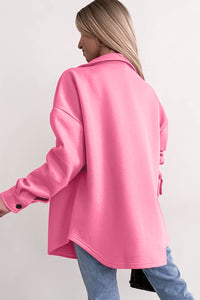 Pink Solid Color Pocketed Button up Long Sleeve Shacket | Outerwear/Jackets