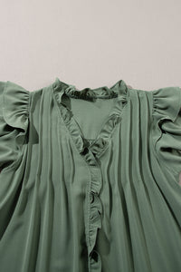 Mist Green Ruffle Sleeve V Neck Frilled Shift Dress