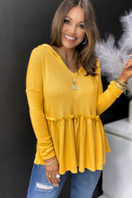 Load image into Gallery viewer, Yellow V Neck Drop Shoulder Hooded Flowy Top with Frill | Tops/Sweatshirts &amp; Hoodies
