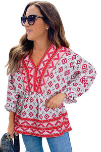 Fiery Red Geometric Print 3/4 Sleeve V-Neck Shirred Waist Flared Blouse | Tops/Blouses & Shirts