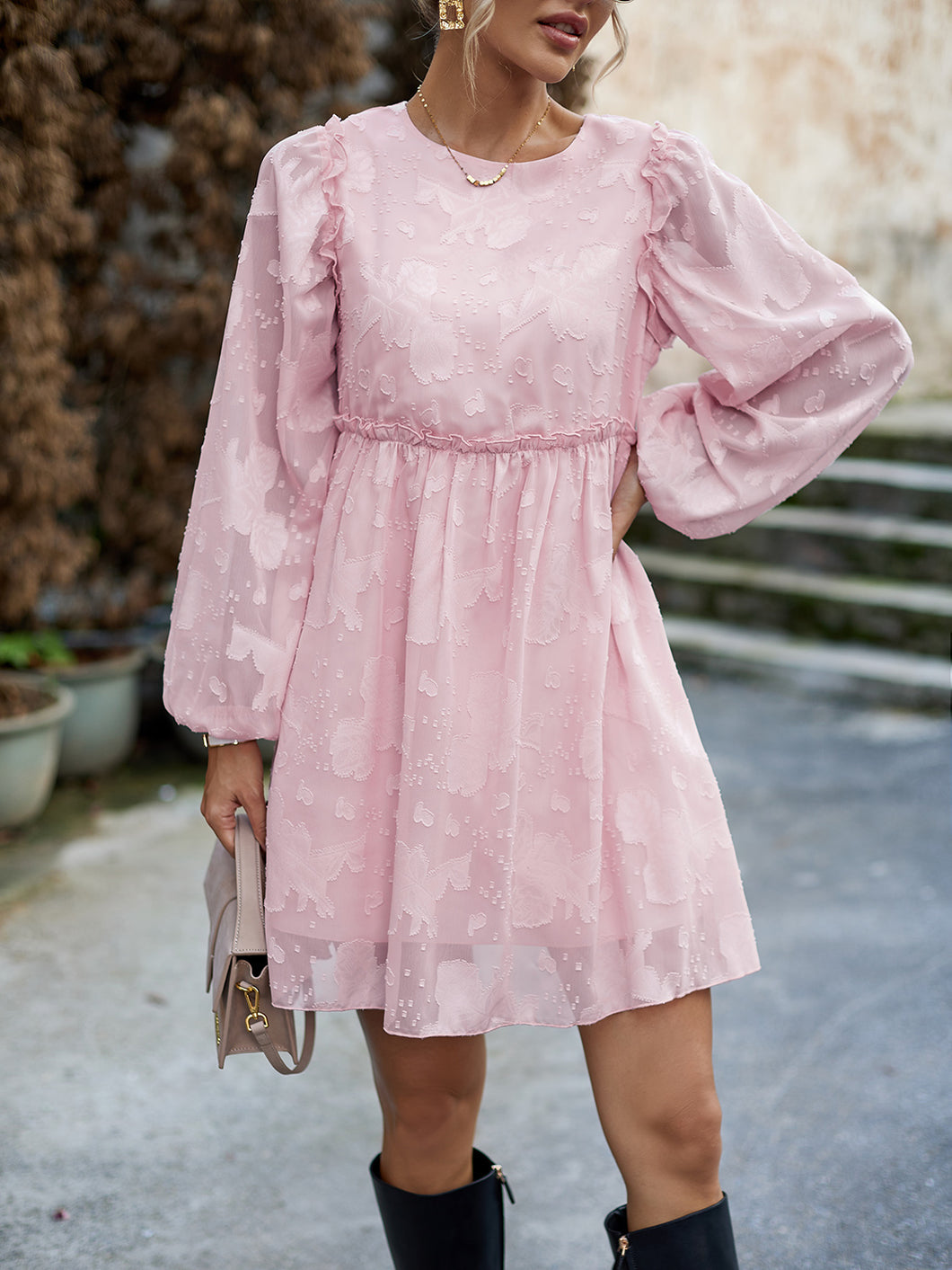 Mini Dress | Ruffle Trim Balloon Sleeve