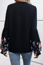 Load image into Gallery viewer, Black Floral Patched Flounce Sleeve Split Neck Blouse | Tops/Blouses &amp; Shirts
