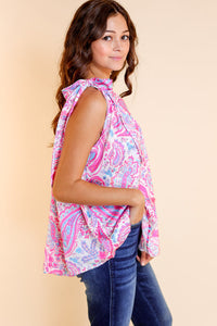 One Shoulder Tank Top | Multi-Color Knotted One Shoulder Paisley Print