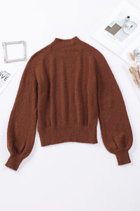 Brown Solid Color Lantern Sleeve Knitted Sweater | Tops/Sweaters & Cardigans