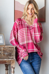 Pink Plaid V-Neck T-Shirt