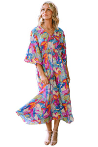 Maxi Dress | Multicolor Abstract Print High Waist V Neck