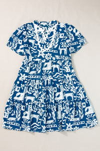 Mini Dress | Printed Notched Short Sleeve Dress