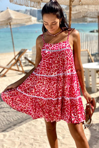 Rose Leopard Print Lace Trim Flared Sundress | Dresses/Mini Dresses