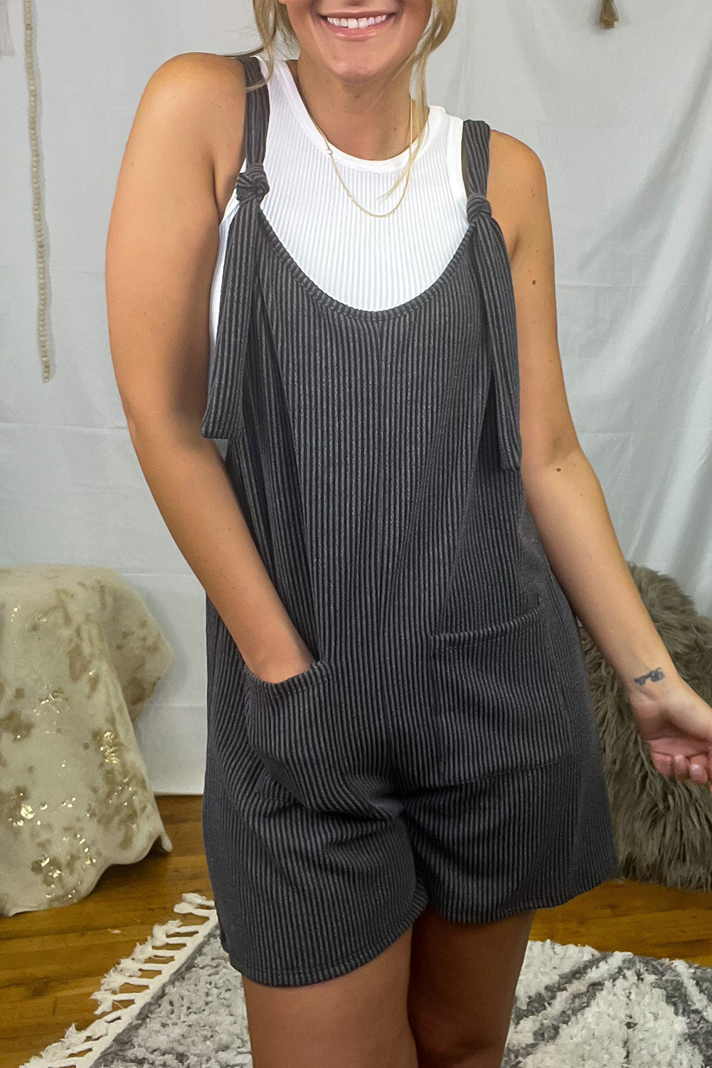 Dark Grey Striped Print Knotted Straps Pocketed Romper | Bottoms/Jumpsuits & Rompers