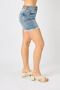 Judy Blue Jean Shorts-Judy Blue Full Size Button Fly Raw Hem Denim Shorts | blue jean shorts