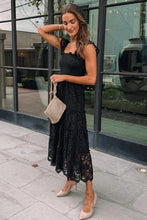 Load image into Gallery viewer, Black Midi Dress | Lace Smocked Bodice Sleeveless Dress
