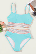 Load image into Gallery viewer, Sky Blue Striped Patchwork Spaghetti Strap High Waist Bikini Swimsuit | Swimwear/High Waisted Swimsuit
