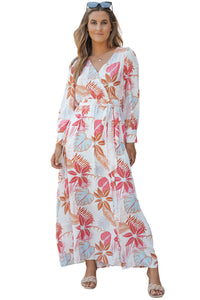 Maxi Dress | Tropical Plant Print Long Sleeve Wrap Dress