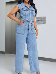 Denim Jumpsuit with Pockets | Tied Half Button