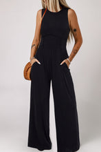 Load image into Gallery viewer, Black Cinched Waist Sleeveless Wide Leg Jumpsuit | Bottoms/Jumpsuits &amp; Rompers
