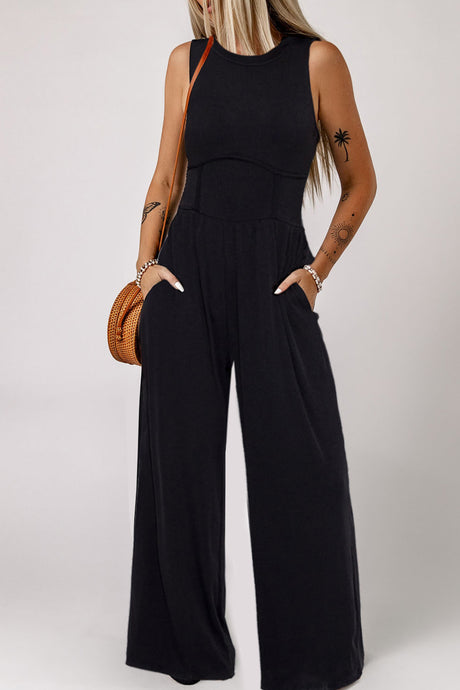 Black Cinched Waist Sleeveless Wide Leg Jumpsuit | Bottoms/Jumpsuits & Rompers