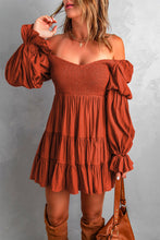 Load image into Gallery viewer, Brown Boho Solid Shirred Ruffle Mini Dress
