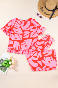 Strawberry Pink Abstract Printed Ruffled Top Wide Leg Pants Set