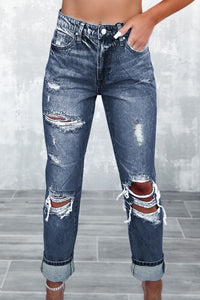 High Waist Slim Fit Jeans | Blue Light Wash Frayed Jeans