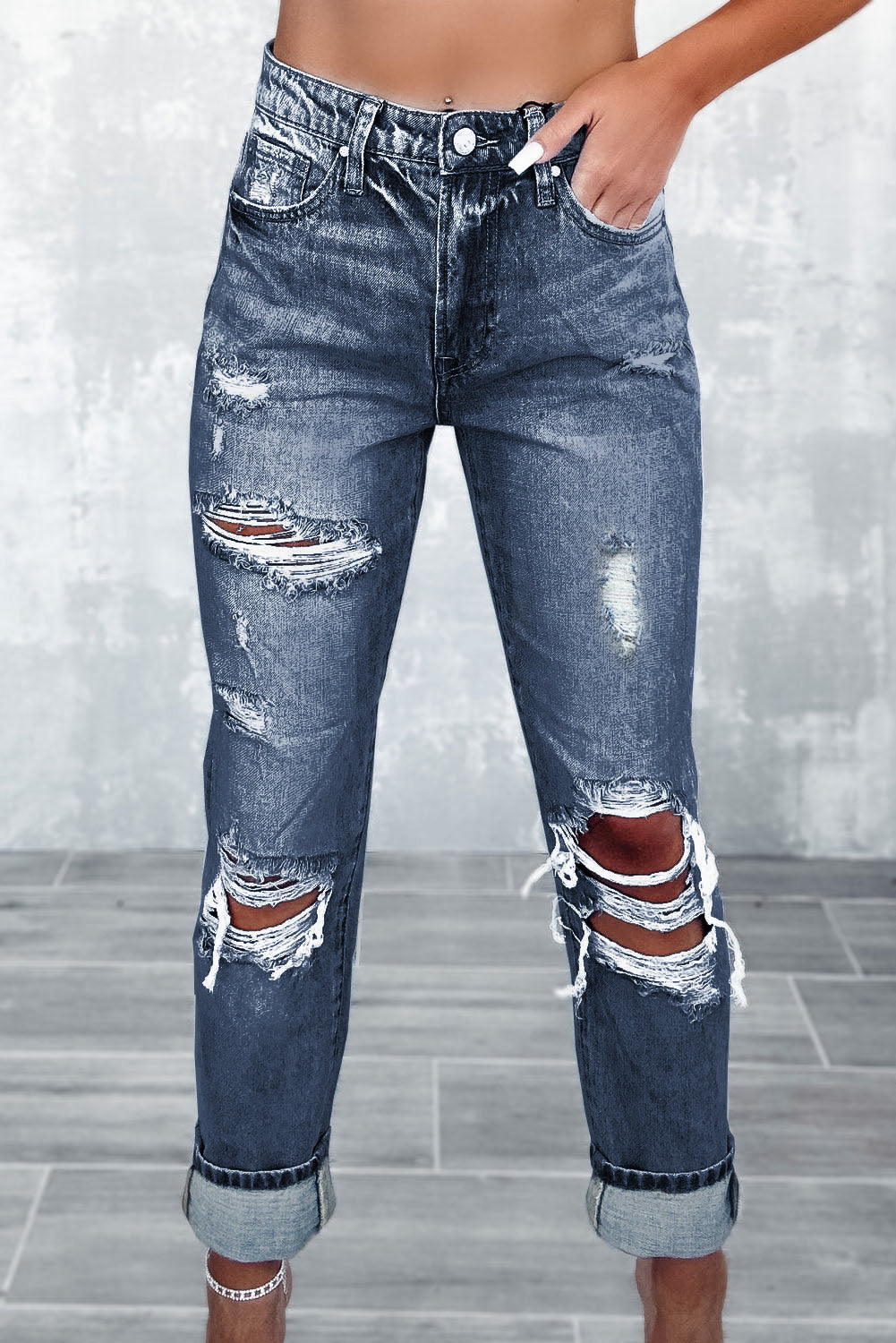 High Waist Slim Fit Jeans | Blue Light Wash Frayed Jeans