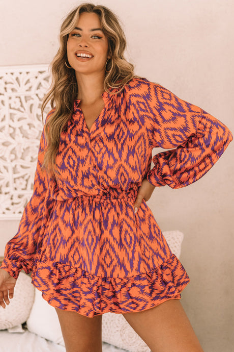 Orange Aztec Bubble Sleeve High Waist Romper | Bottoms/Jumpsuits & Rompers