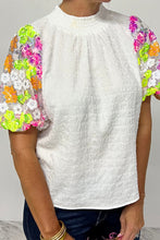 Load image into Gallery viewer, Puff Sleeve Top | White Collar Sequin Flower Textured Blouse
