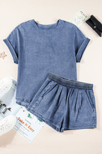 Blue Denim Shorts Set | Cuffed Sleeve Tee Elastic Shorts Set