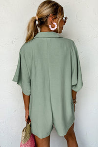 Loose Romper | Spinach Green Half Button Collared