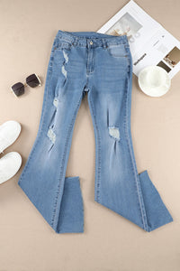 Sky Blue Dark Wash Mid Rise Flare Jeans | Bottoms/Jeans