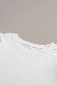 Puff Sleeve Top | White Ruched Crew Neck Tee