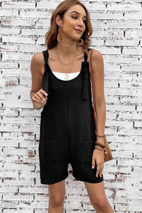 Black Adjustable Straps Pocketed Textured Romper | Bottoms/Jumpsuits & Rompers