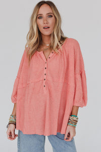 Pink Waffled Bracelet Sleeve Oversized Henley Top | Tops/Blouses & Shirts