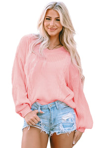 Pink V-Neck Long Sleeve Cable Knit Sweater | Tops/Sweaters & Cardigans