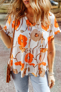 Orange Floral Print Frill Neck Tiered Babydoll Blouse | Tops/Blouses & Shirts